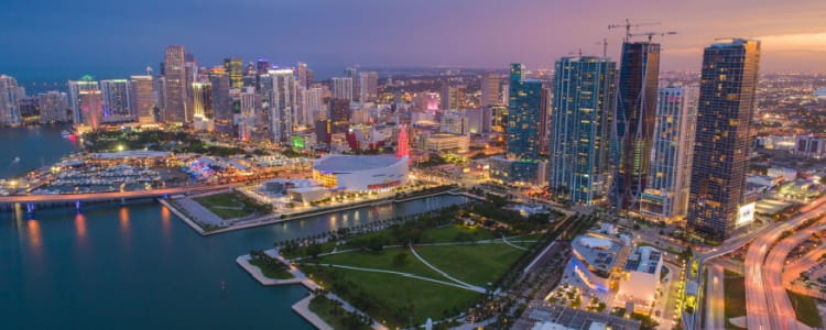 Angled view of Miami skyline with Kaseya Stadium